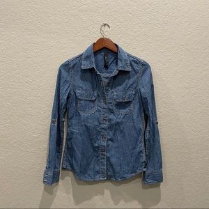 White striped long sleeve button up denim shirt